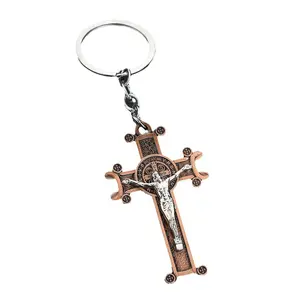 Custom St. Benedict wooden key chain pendant Metal Religious Jesus Keychain With Cross