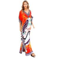 Gaun Pantai Maxi Rok Resort Bahan Polyester 100% Cetak Discharge Four-Way Stretch Gaya Eropa Amerika, Penutup Bikini Wanita