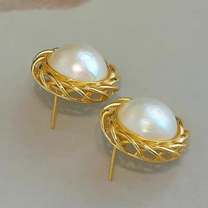 Pendientes de Perlas Redondas de Agua Dulce Naturales de Plata S925 de Zhuji, Chapados en Oro, Estilo Clásico, Joyería para Mujer - Product Image 3