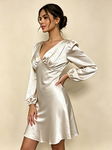 Women Satin Mini <b>Dress</b> Deep V Neck Puff Long Sleeve <b>Elastic</b> Cuff Ruched Bust Flared Hem Elegant <b>Dress</b> - Product Image 2