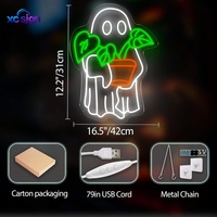 Enseigne néon LED monochrome en forme de fantôme mignon tenant une plante en pot, alimentée par USB, murale, 3D, pour chambre et fleuriste