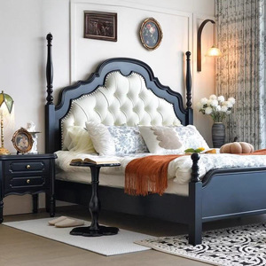 Cama de Madera Maciza Estilo Americano, Diseño Hepburn Negro, Tamaño Doble, Madera de Caucho, Muebles de Dormitorio Modernos de Lujo Francés - Product Image 1