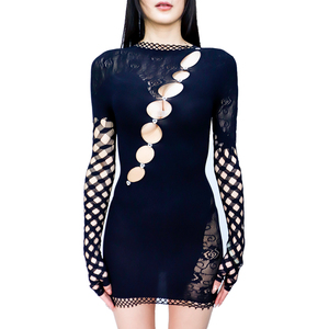 Nuovo Abito da Club alla <span class=keywords><strong>Moda</strong></span> Personalizzato con Fori Trasparenti, Vestito Aderente a Rete Sexy a Maniche Lunghe per Donne - Product Image 1