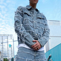 Blousons en jean délavé à motif laineux personnalisé, style streetwear, avec ourlet effiloché, manteaux décontractés Y2K, effet vieilli, à franges, pour hommes