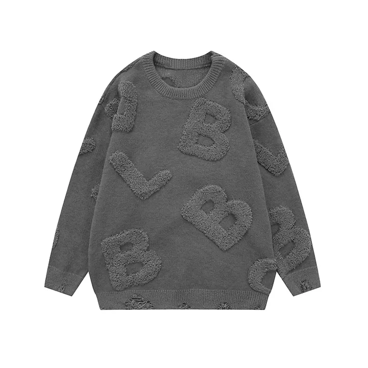 Pull-over à manches longues et col rond pour hommes avec logo personnalisé pull-over en polyester motif de broderie de lettres 3d chandails en tricot pour hommes