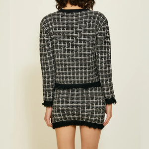 Maglione da donna in <span class=keywords><strong>maglia</strong></span> di Tweed scozzese bianco nero <span class=keywords><strong>con</strong></span> <span class=keywords><strong>frange</strong></span> <span class=keywords><strong>con</strong></span> orlo a maniche lunghe per eleganti e Casual da festa - Product Image 4