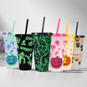 Gobelet en plastique PP de 24 oz à thème Halloween, changeant de couleur à froid, avec paille, pour fête d'Halloween - Product Image 1
