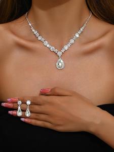 Juego de Joyería Clásica para Novia de Dos Piezas, Collar y Aretes de Cristal para Vestidos de Noche, Bodas, Fiestas o Regalos, Material de Cobre - Product Image 4