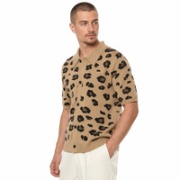 Cardigan en tricot à col cranté pour homme, motif léopard kaki, manches courtes, polyester, style décontracté urbain, printemps-été, personnalisable OEM & ODM