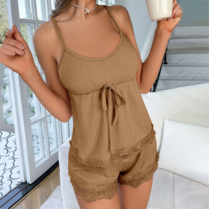 Ensemble de vêtements de maison sexy pour femmes 2024, short en dentelle, bretelles, taille élastique, tissu en mousseline de soie, respirant, séchage rapide, 180g, pyjama d'été - Product Image 5