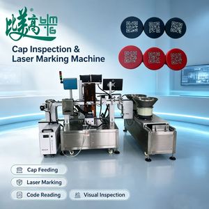 Système de marquage laser UV intégré pour bouchons de bouteilles en verre avec alimentation automatique, inspection visuelle, rejet des codes d'erreur et traçabilité - Product Image 1