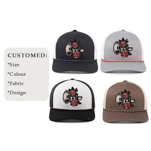 Gorra de béisbol de ala plana con logotipo personalizado de algodón al por mayor, gorra de camionero de 6 paneles con patrones de cuerda rosa - Product Image 1