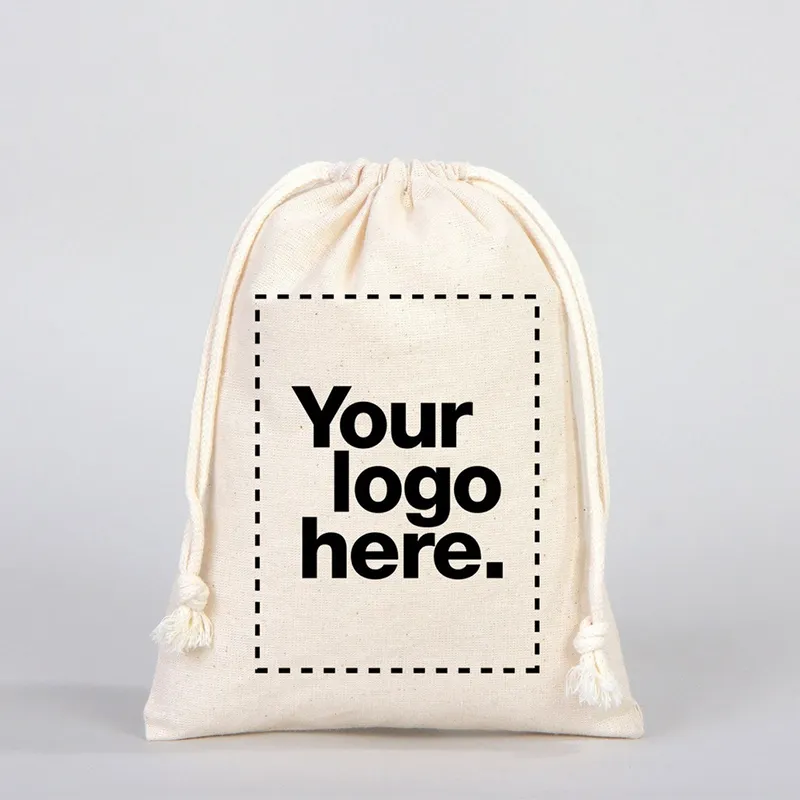 Sacchetto di cotone mussola organico ecologico personalizzato promozionale piccole borse con coulisse in tela di Calico bianco con Logo stampato
