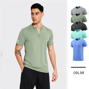 Camiseta Personalizada para Hombre, Cuello Vertical, Media Cremallera, Color Sólido, Ropa Deportiva de Verano, Elástica, de Secado Rápido, para Gimnasio - Product Image 1