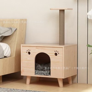 Solid Wood Cat Bed Nightstand With <b>Scratching</b> <b>Post</b> For Cats Multi Functional Pet Furniture - Product Image 4