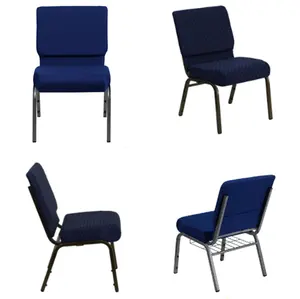 Church Chair in Navy Blue Fabric with Cup Book Rack