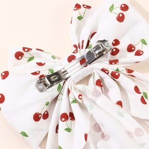 New Girls Elegant Oversized <b>Bow</b> Long Ribbon Fabric Alloy Hair <b>Clip</b> Sweet Handmade Cherry Print Spring Wedding Hair Accessory - Product Image 4