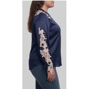 <b>Women's</b> <b>Navy</b> Blue Satin Blouse With Embroidery Lace Detail Full Sleeve Crew Neck Elegant Loose Fit <b>Top</b> - Product Image 3