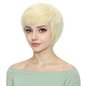 Perruque <span class=keywords><strong>courte</strong></span> 100 % cheveux humains naturels, fabriquée à la machine, sans lacet, 4 pouces, mélange blond 613, noir et blanc, pour femmes, <span class=keywords><strong>coiffure</strong></span> sans frange - Product Image 3