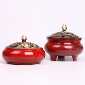 Incense <b>burner</b> with cloisonn enamel, red and green glaze, flat bottom, three legs, pure copper, household indoor sandalwood - Product Image 1