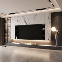 Meuble TV mural moderne de luxe en bois avec cheminée électrique, étagères LED aspect pierre, rangement, meuble TV flottant pour salon