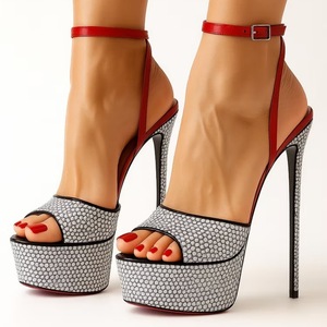 Escarpins à bout ouvert argentés avec diamants, sandales à plateforme épaisse, talons hauts et fins, chaussures sexy pour femmes grandes tailles 45, pour pieds larges - Product Image 2