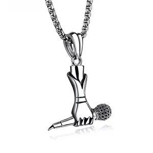 Hanging Ornaments for Men Women Hip Hop Personality Trend Microphone Hand Pendant Necklaces Titanium Steel Necklace