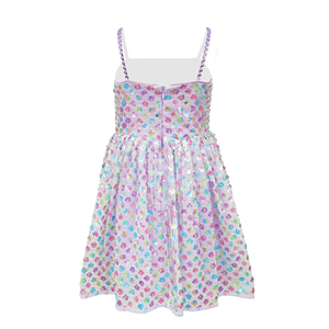 Abito in Tulle Lilla per Bambine, Vestito da Festa Multicolore con Paillettes, Fiori, Perline e Strass, Senza Maniche, Linea A, ODM - Product Image 3