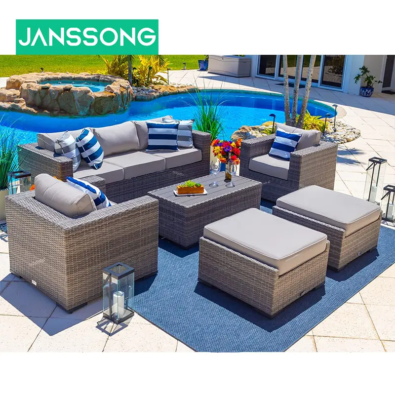 Muebles de exterior de mimbre de resina para patio, juego de sofá de salón, juego de jardín contemporáneo duradero JS-011, muebles de Technorattan L de 6 piezas