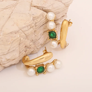 IG estilo 304 titanio Acero inoxidable pendientes elegantes incrustaciones geométricas 18K oro perla circón Moda Stud pendientes - Product Image 1