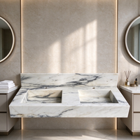 Meuble-lavabo double moderne en marbre blanc Arabescato Calcatta, pierre naturelle, finition polie, avec drain intégré et robinet monotrou