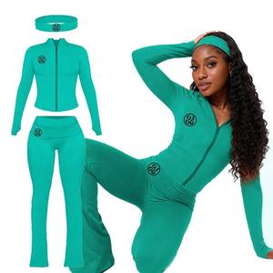 Ensemble deux pièces tendance streetwear urbain : veste zippée, pantalon évasé, <span class=keywords><strong>vêtements</strong></span> pour femmes grandes tailles, bandeau assorti Y2K, tenue décontractée - Product Image 2