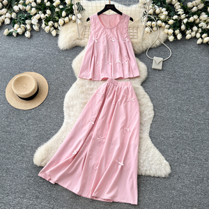 Atasan Tanpa Lengan Wanita Musim Panas Rok Midi Pinggang Tinggi Set Dua Potong Dekorasi Pita Lucu Pakaian Kasual Manis - Product Image 1