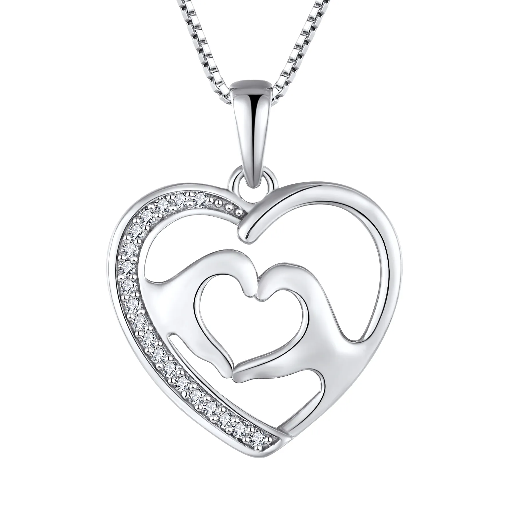 Rhodium Plated Anatomical Custom Heart Pendant Jewelry Mother Love Hands Design 925 Silver Trendy Women's Zircon Mom