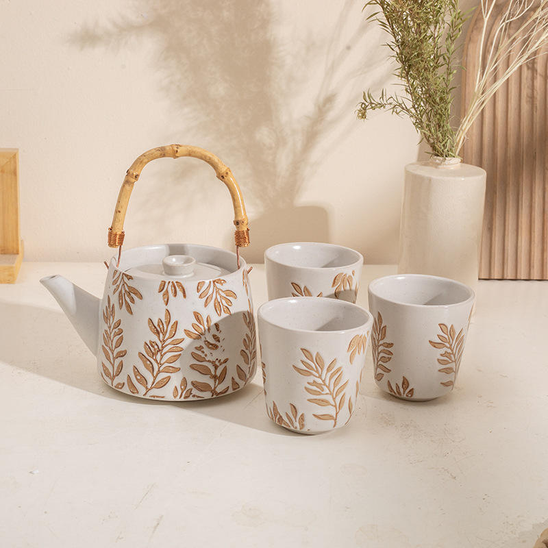 Bouilloire en céramique Bean Leaf avec 3 tasses