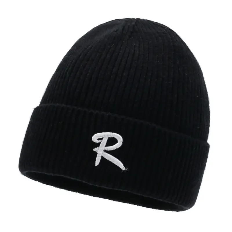 Topi Rajut Bordir, Topi Beanie Hangat Logo Huruf R Bordir Custom Kasual Warna Polos