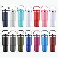Gobelet isotherme 30 oz avec poignée, couvercle à visser et couvercle à paille rabattable, revêtement poudré, logo personnalisé, anti-fuite, gravure laser