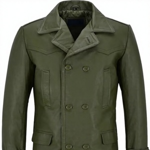 <b>Men's</b> Genuine Leather Pea <b>Coat</b> <b>Double</b> <b>Breasted</b> Stand Collar Outerwear Regular Fit for Autumn Winter - Product Image 1