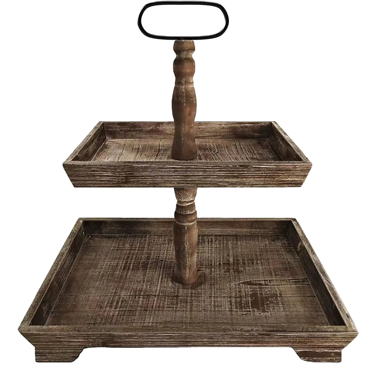 Custom Black White Wood Tiered Serving Tray Stand Rustic Farmhouse Kitchen Decor Tray with Metal Handle