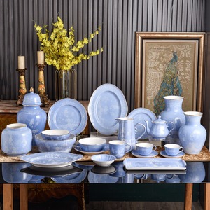 Light Blue Floral Ceramic <b>Vase</b> Set With Gold Rim and Gift Box Elegant Porcelain Flower <b>Vases</b> for Home Decoration and Gifting - Product Image 2