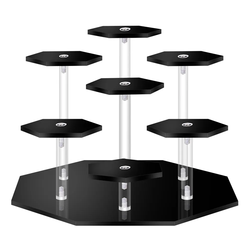 Black 7 Tier Hexagonal Acrylic Cupcake Display Stand Steps, Organizer Shelf Stand for Action Figures Cosmetics