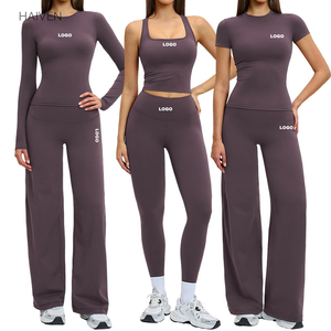 Conjunto Deportivo para Mujer, Top Corto con Cuello Cuadrado, Camiseta de Manga Corta, Leggings de Cintura Alta, Pantalones Anchos, Conjunto de Yoga - Product Image 1