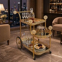 Chariot de service de luxe en verre miroir et métal doré pour salle à manger, hôtel, banquet, événement, fête, mariage, chariot à desserts, bar à domicile, chariot à boissons
