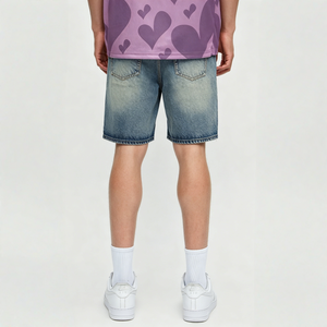 Shorts en jean vintage délavé pour homme, broderie étoile colorée, coupe droite ample, style décontracté streetwear, tendance mode - Product Image 2