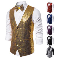 Gilet de luxe pour homme, col en V, coupe ajustée, scintillant, uni, avec nœud papillon, pour mariage, fête, cérémonie, veste sans manches