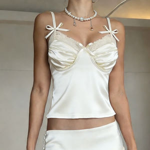 French Style Elegant <b>Satin</b> Short <b>Camisole</b> for Women Lace Trim V Neck Bow Accent Ruched Bust Slim Fit Top - Product Image 4