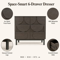 Commode moderne à 6 tiroirs avec panneau en MDF mélaminé à motif festonné, armoire de rangement pour chambre à coucher avec pieds en bois