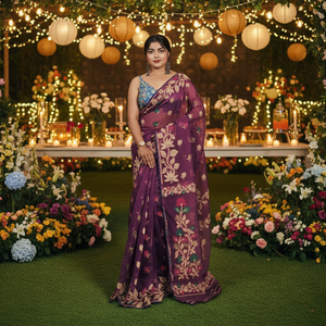 Sari Jamdani exclusif Lota, robe de mariée à motif écossais Tassar, motif asymétrique, écologique, séchage rapide, poids moyen, en soie/coton tissé - Product Image 1