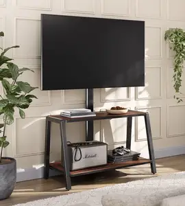 Suporte de madeira alto para TV, suporte de madeira para TV de canto, centro de entretenimento de 2 camadas, suporte de metal com tela plana de madeira com carga máxima