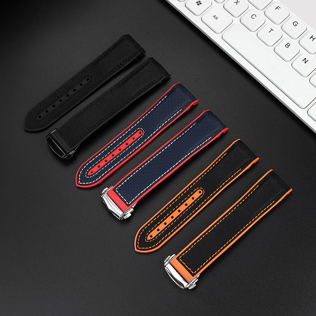 Hybrid Curved End TPU Silicone Glue Fabric Nylon Watch Strap 20mm 22mm Premium Tropical Rubber Watch Band With Butterfly Buckle